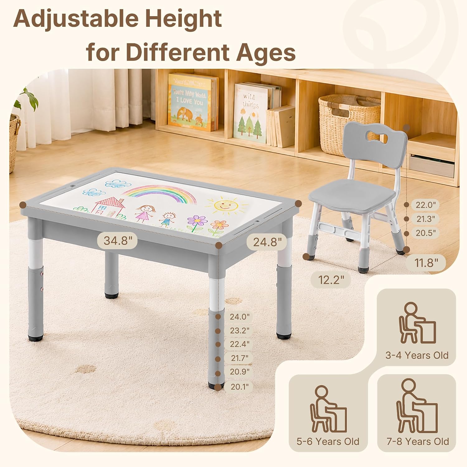 Kids Table and 4 Chairs, 4 in 1 Activity Table w/Reversible Graffiti/Block Building Tabletop, Adjustable Height, Toddler Table and Chair Set with Storage (Gray, 1 Table + 4 Chairs)