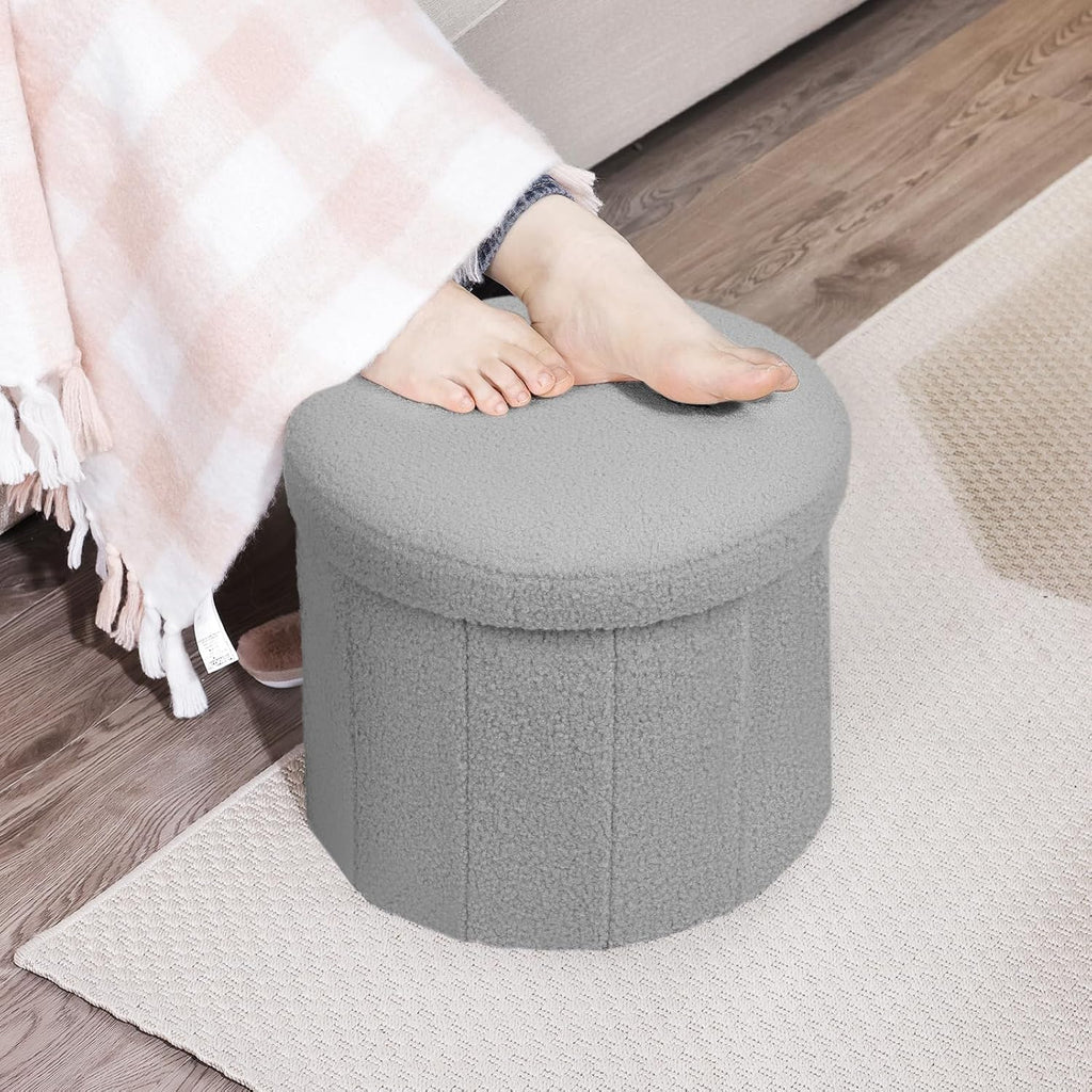 BoxedHome Dorm Room Storage Round Cute Ottoman with Storage Boucle Foot Stool Footrest for Lving Room, Support 220lbs, Gray 15"x15"x12.6"