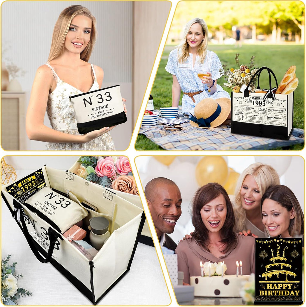 YeohJoy 33rd Birthday Gifts for Women Canvas Tote Bag Travel Gear, Unique 33 Years Old Gifts for Wife Mom Sister Aunt Friends Her, Vintage N°33 Handbag & Cosmetic Bag & Back in 1993 Poster