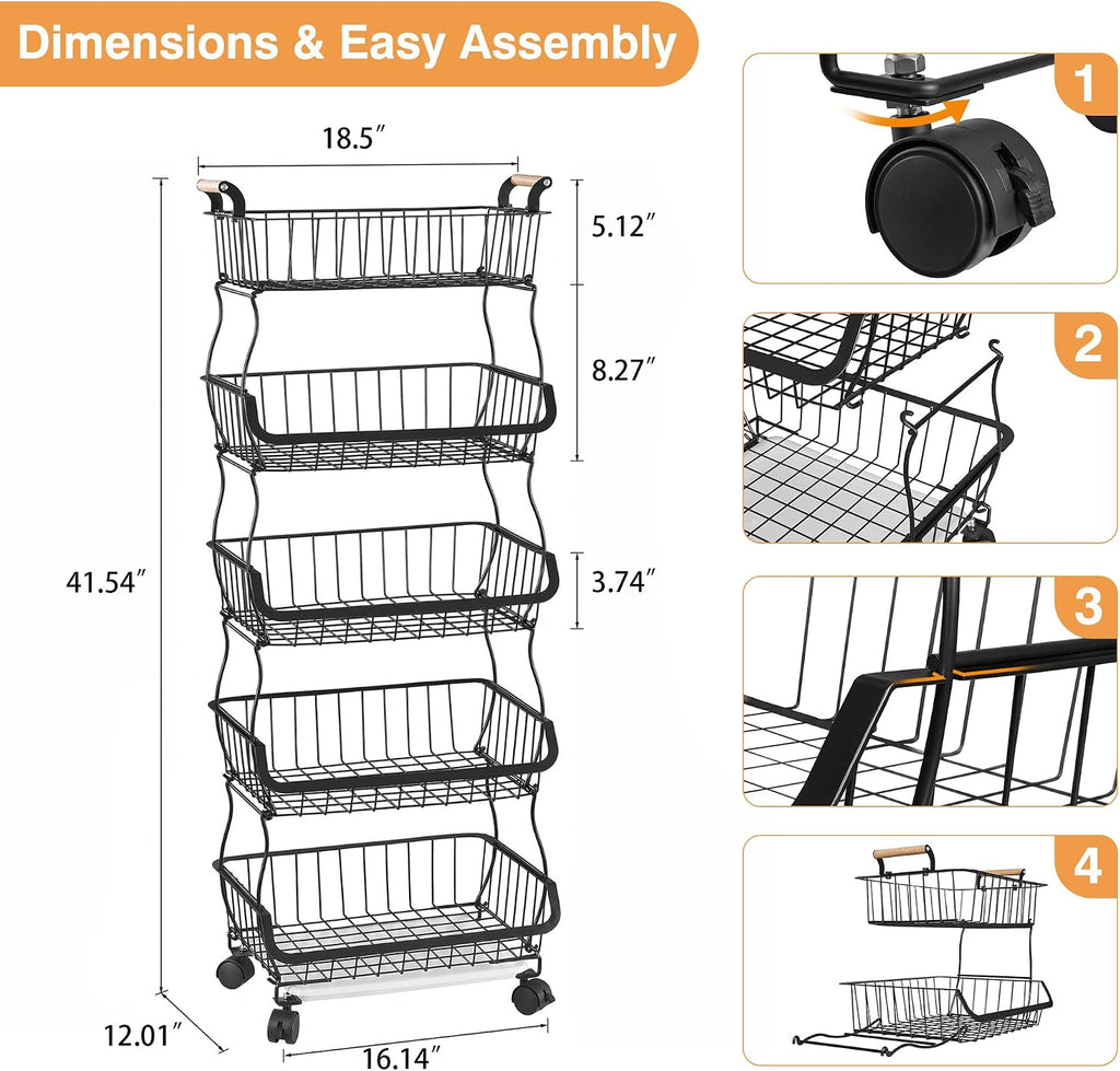 VECELO 5-Tier Fruit Basket with Wheels, Fruit and Vegetable Storage Cart for Kithchen, Easy to Move, Durable, Stackable Produce Organizer Wire Baskets for Kitchen, Pantry, Living Room