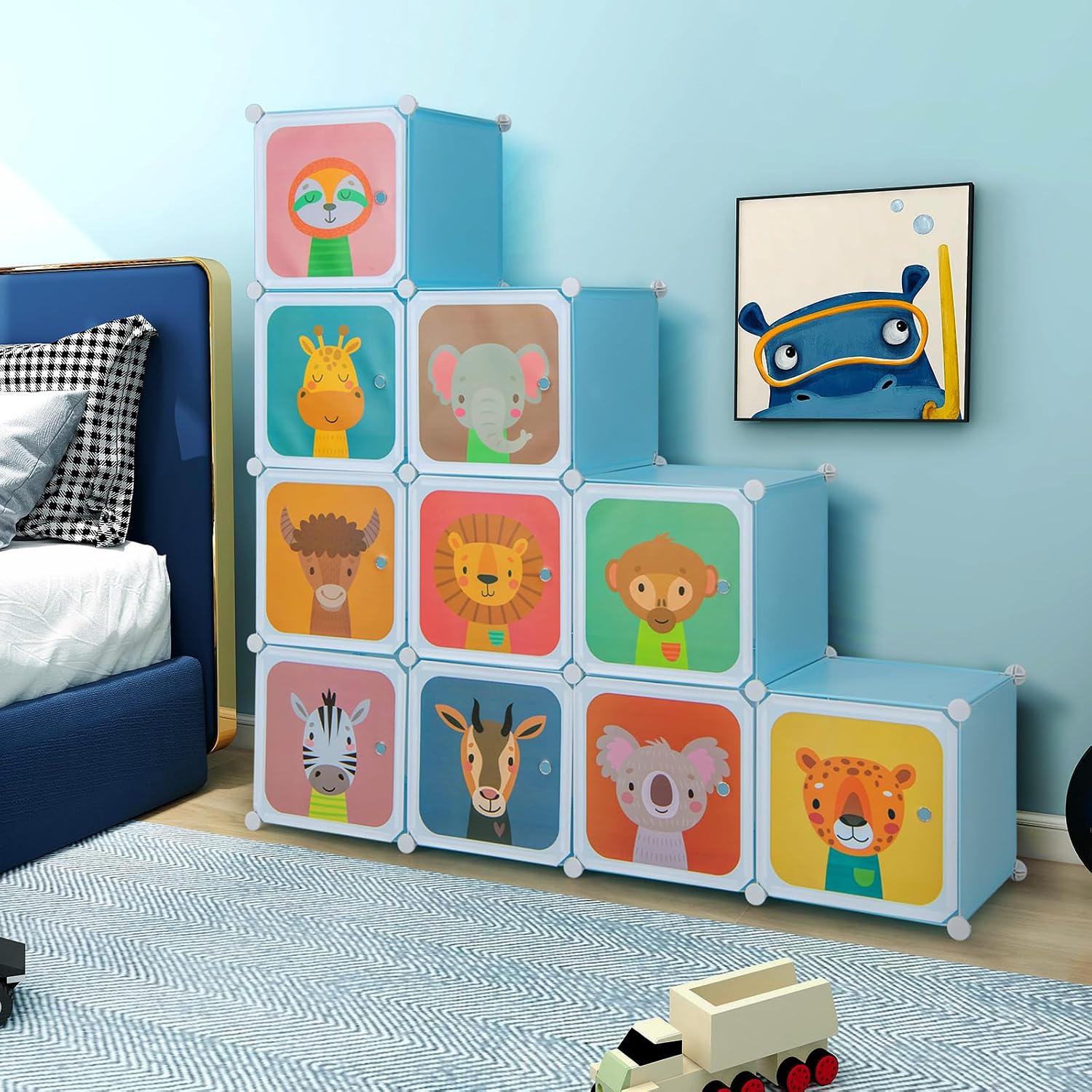 Costzon Kids Closet, Cartoon DIY Modular Dresser Storage Organizer with 12 Cubes & 2 Clothes Hanging Rack, Portable Armoire for Baby Toddlers, Kids Wardrobe for Bedroom Nursery (Blue)
