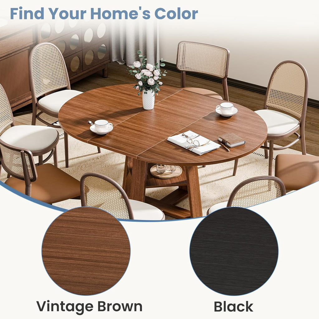 Extendable Round Dining Table for 4-8, Space Saving Kitchen Wooden Table with Storage Shelf and Sturdy Base for Kitchen, Dining, Living Room, Brown