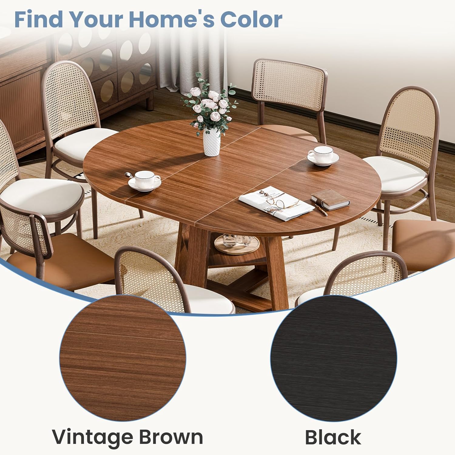 Extendable Round Dining Table for 4-8, Space Saving Kitchen Wooden Table with Storage Shelf and Sturdy Base for Kitchen, Dining, Living Room, Brown