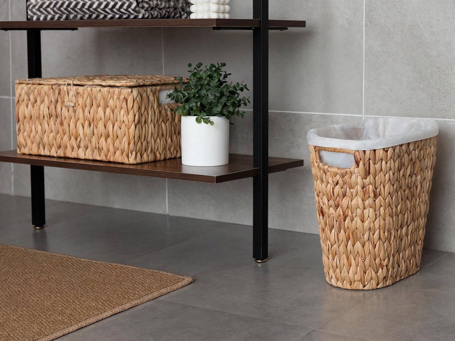StorageWorks Wicker Waste Basket, Handwoven Water Hyacinth Trash Can with Built-in Handles, Wicker Garbage Can for Bedroom, Bathroom, 1 Pack