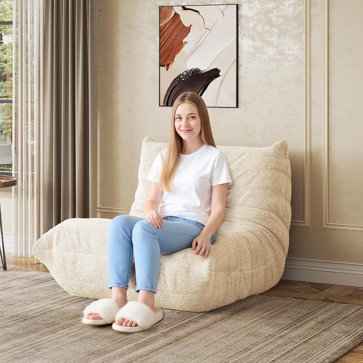 WLIVE Bean Bag Chair for Adults, Teddy Fleece Togo Chair, Giant, Memory Foam, for Living Room and Bedroom, Single, Beige