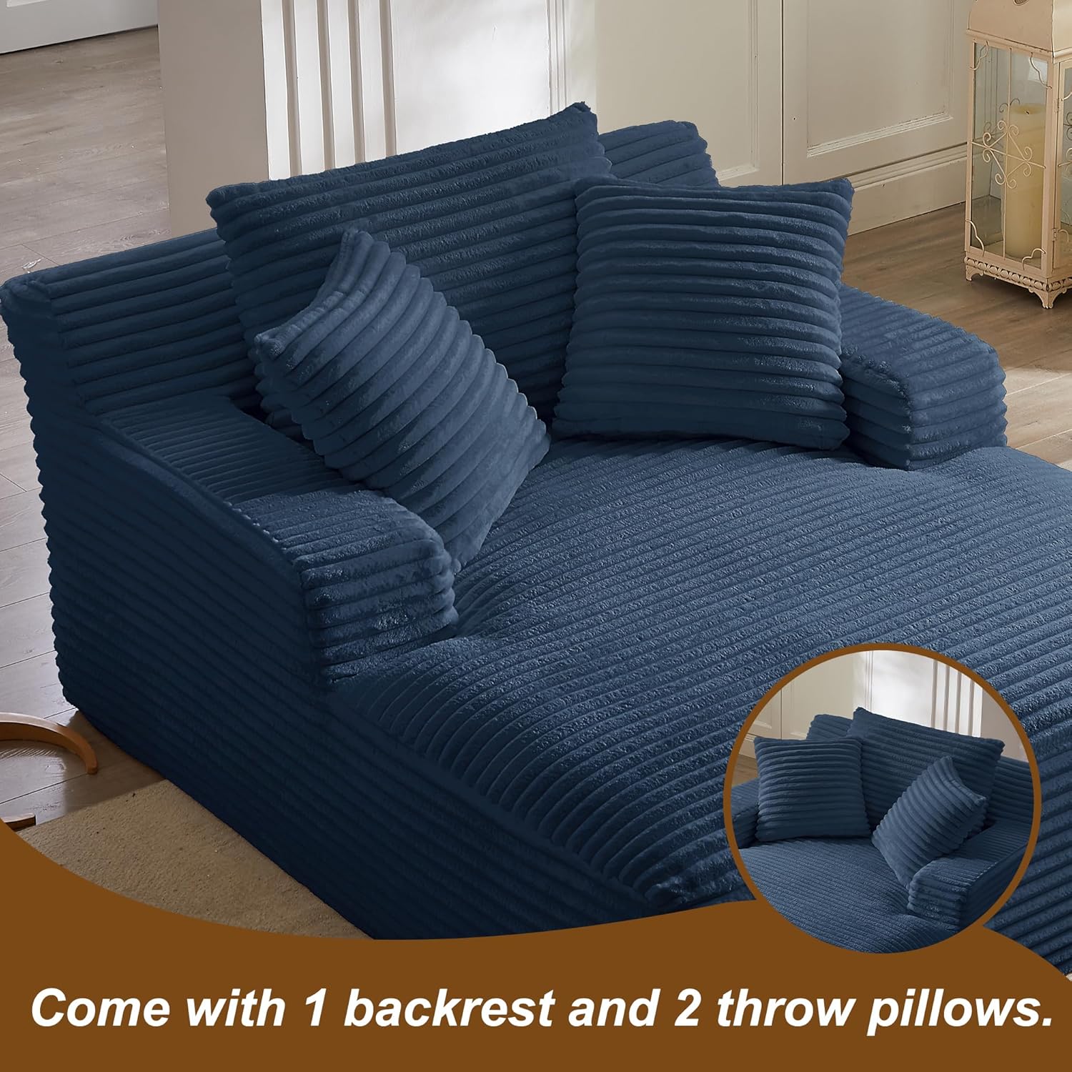 Oreada Oversized Boneless Chaise Lounge Chair Indoor, 66" Corduroy Oversized Comfy Reading Sleeper Chair Boneless Sofa Chaise Couch Bed with 3 Fluffy Pillows, No Assembly Required, Blue