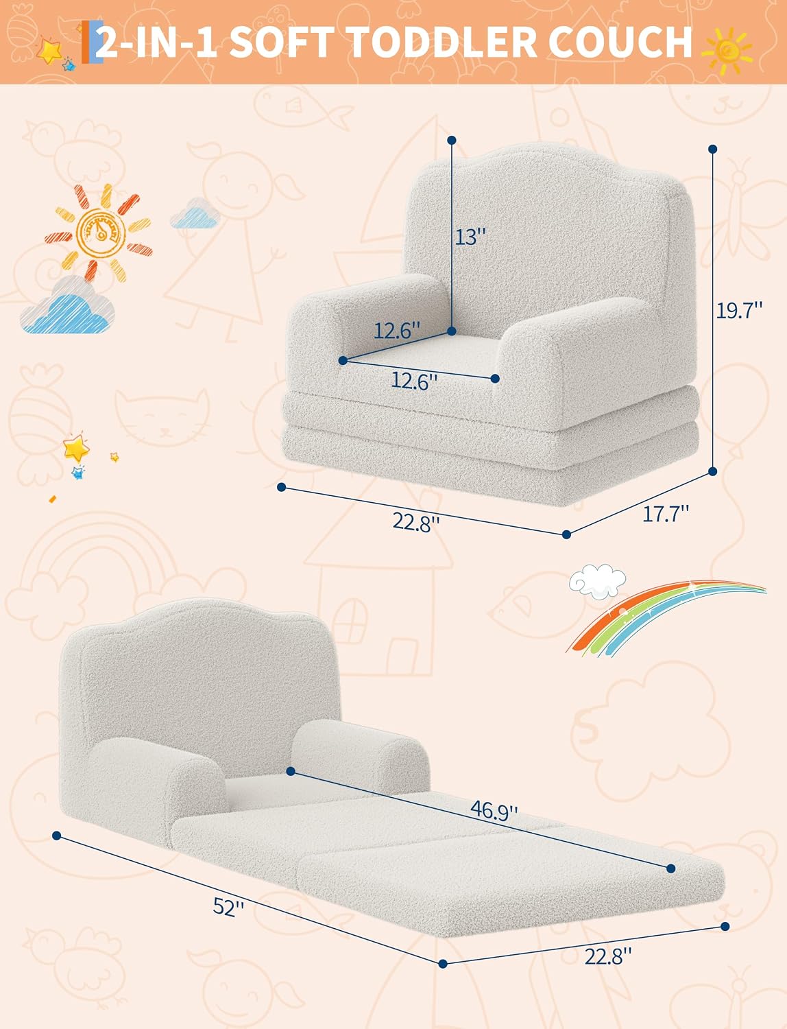 Kids Sofa Chair, Sherpa Convertible Toddler Couch with Washable Cover, Crown Design Comfy Children's Reading Chair, Fold Out Sofa Bed for Playroom, Nursery, Girls & Boys