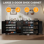 Shoe Storage Cabinet with 3 Doors and Adjustable Shelves，40 Inch Tall Farmhouse Flat-Shelf Wooden Shoe Cabinet，Shoe Rack Shoe Organizer Cabinet for Hallway Entryway Living Room （Black）