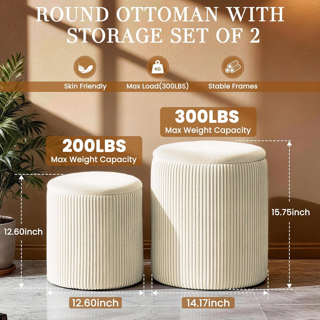 Vanity Stool Set of 2 - Round Storage Ottoman with Lid, Velvet Footrest Pouf for Makeup Room & Living Room, Multi-Use Small Chair with Hidden Storage（Beige）