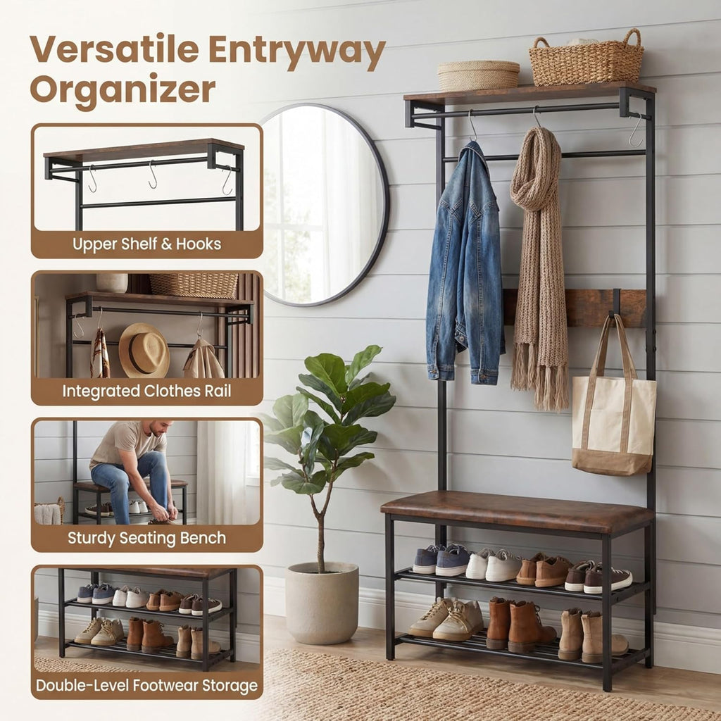 COSTWAY Hall Tree with Bench and Shoe Storage, 4-in-1 Entryway Organizer with 6 Removable Hooks, Top Shelf & Hanging Rod, Industrial Coat Rack for Mudroom Entrance Bedroom Living Room, Rustic Brown
