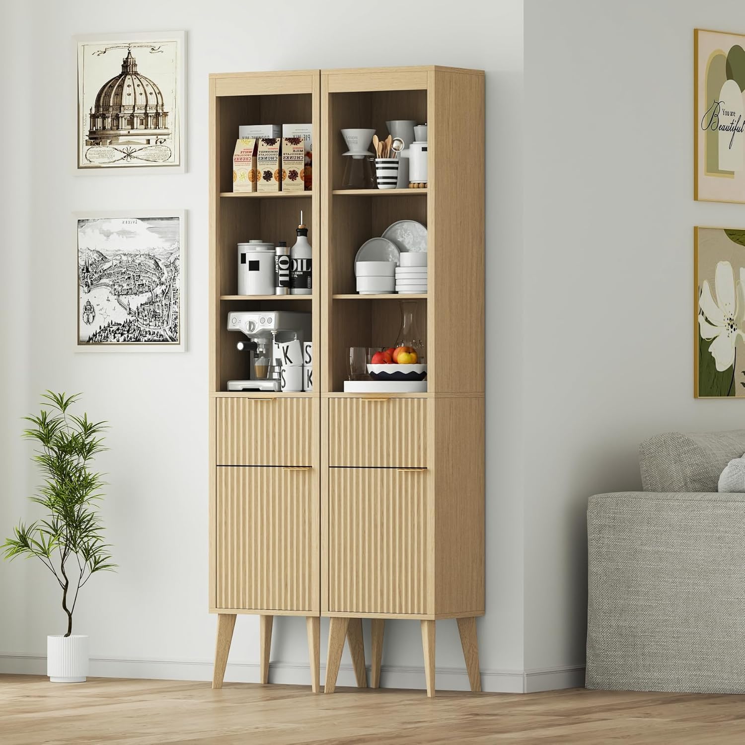 70" H Tall Storage Cabinet, Fluted Freestanding Floor Organizer for Bathroom, Kitchen Pantry, Utility Room, w/Drawer & Adjustable Shelves, Modern Accent in Natural Wood