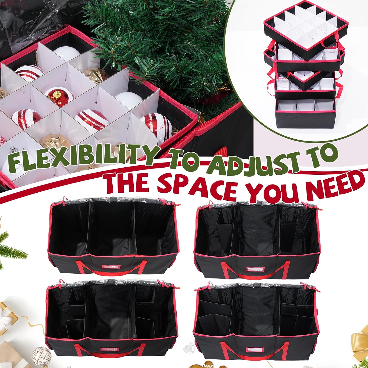2-in-1 Christmas Ornament Storage Box & Xmas Figurine Container with Dual Zipper Closure Adjustable Dividers and Removable Trays Premium Christmas Ornament Storage Containerd(Black)