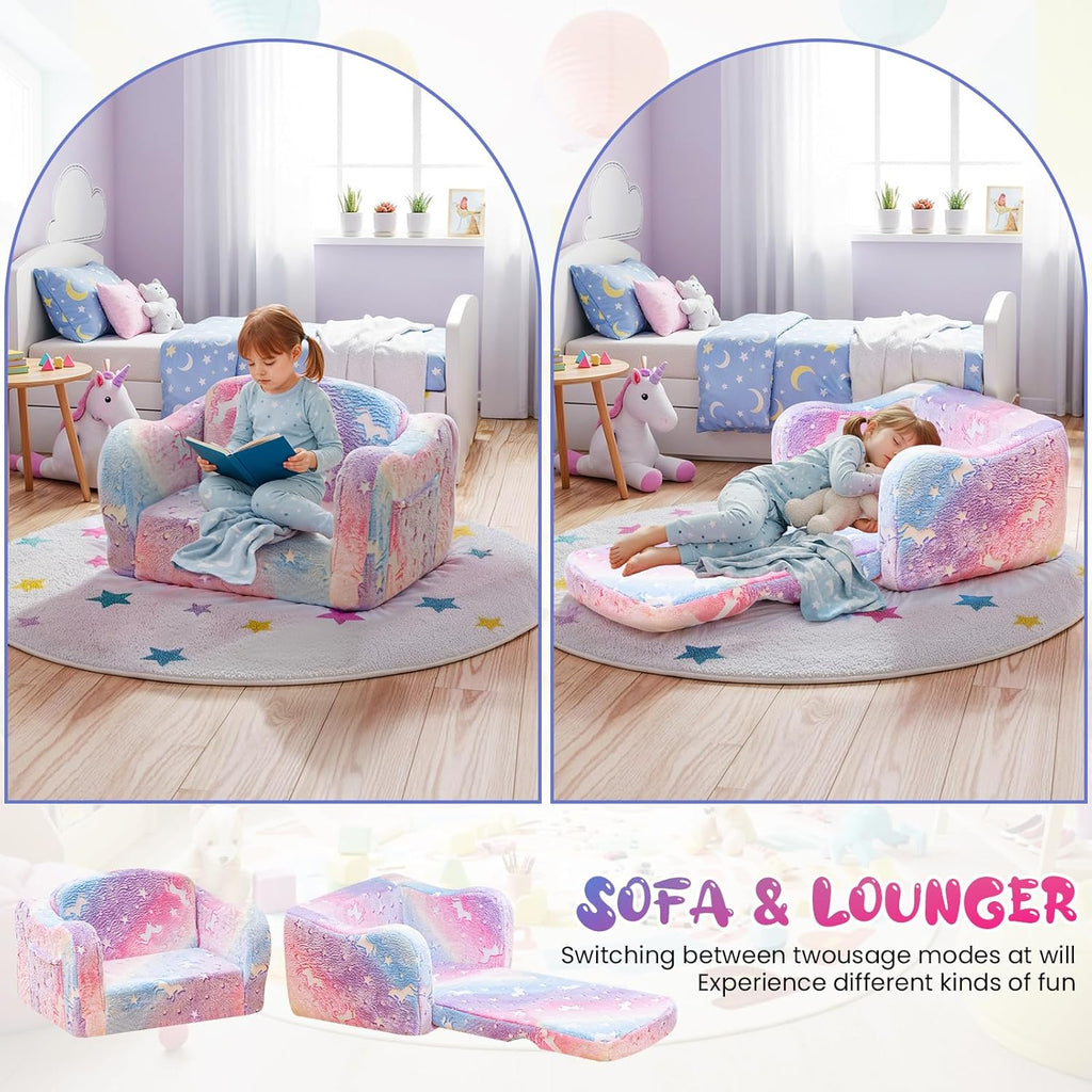 Lamerge 2-in-1 Toddler Couch,Glow in The Dark Baby Floor Bed,Foldable Toddler Chair Kids Sofa for playroom,Convertible Sofa to Lounger for Girls and Boys (Rainbow and Unicorn)