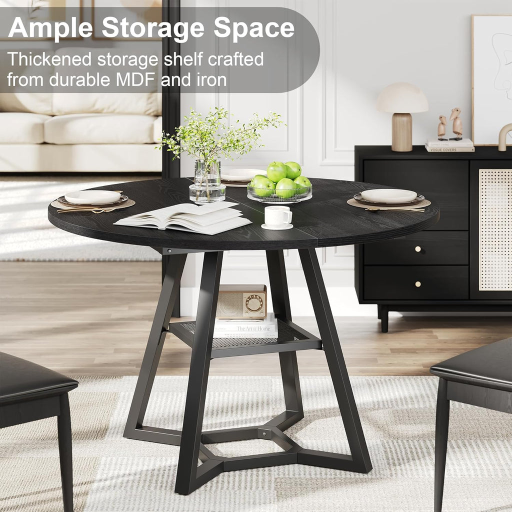 knoworld Round Dining Table for 4, Kitchen Tables Dining Room Circle Dinner Table with Pedestal Metal Frame, Space Saving Wood Industrial Kitchen Tables for Dining Room, Living Room, Black, 47 Inch