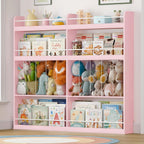 Kids Bookshelf, 8-Tier Bookshelf with Stuffed Animal Storage, Wooden Kids Bookcase and Toy Storage Organizer, Anti-Tipping Wall-Leaning Book Shelf for Kids Room, Playroom, Classroom. Pink