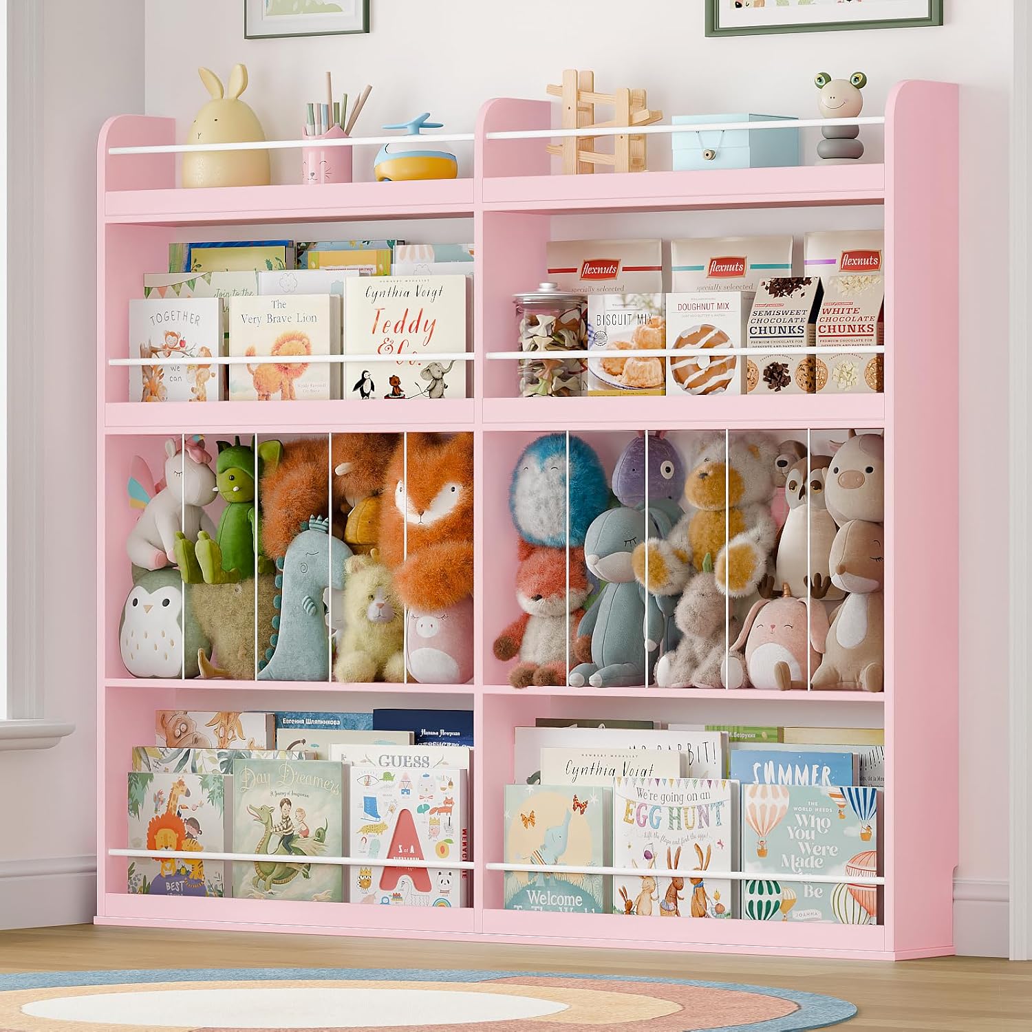 Kids Bookshelf, 8-Tier Bookshelf with Stuffed Animal Storage, Wooden Kids Bookcase and Toy Storage Organizer, Anti-Tipping Wall-Leaning Book Shelf for Kids Room, Playroom, Classroom. Pink