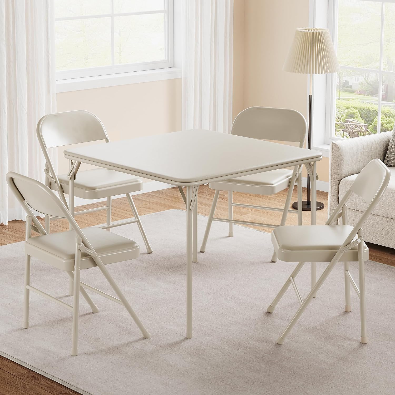 33.6'' Folding Square Card Table, Portable Card Table with Folding Legs & PU Leather Surface, Lightweight Foldable Puzzle Tables for Dining Room, Living Room, Office, Camping, Beige(Table Only)