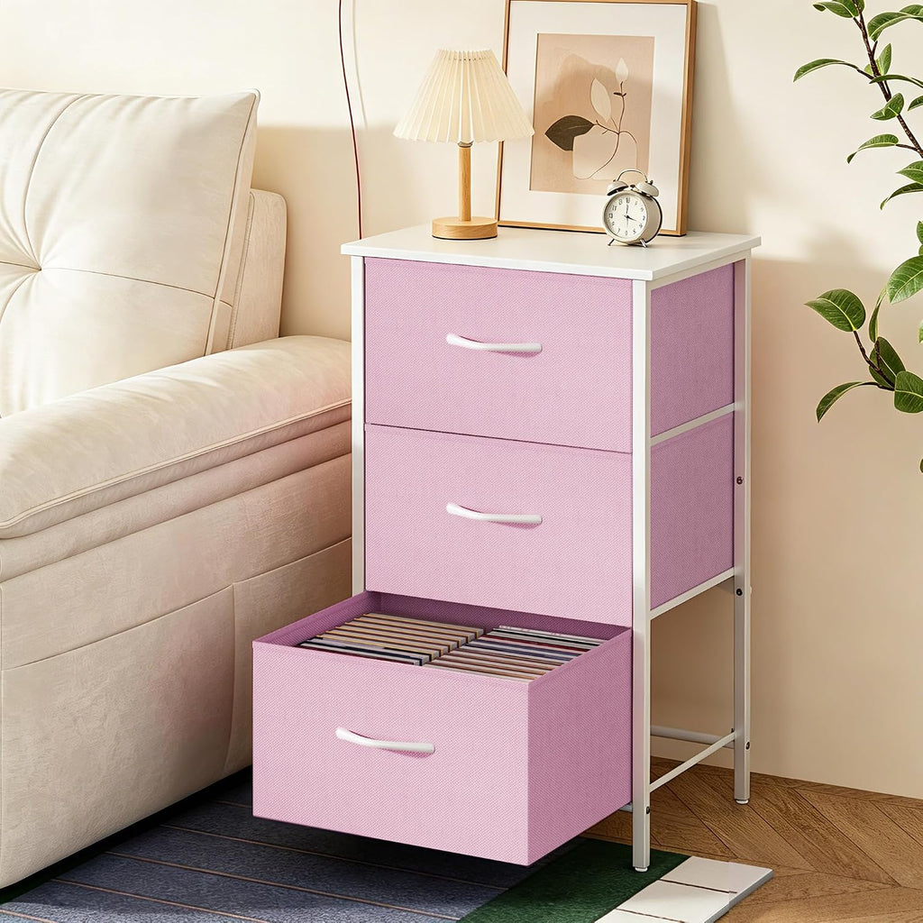 Stero Nightstand, Kids Dresser with 3 Drawers, Steel Frame Bedside Furniture, Wood Top Fabric Night Stand, Colorful End Table for Home, Bedroom, Office, Pink