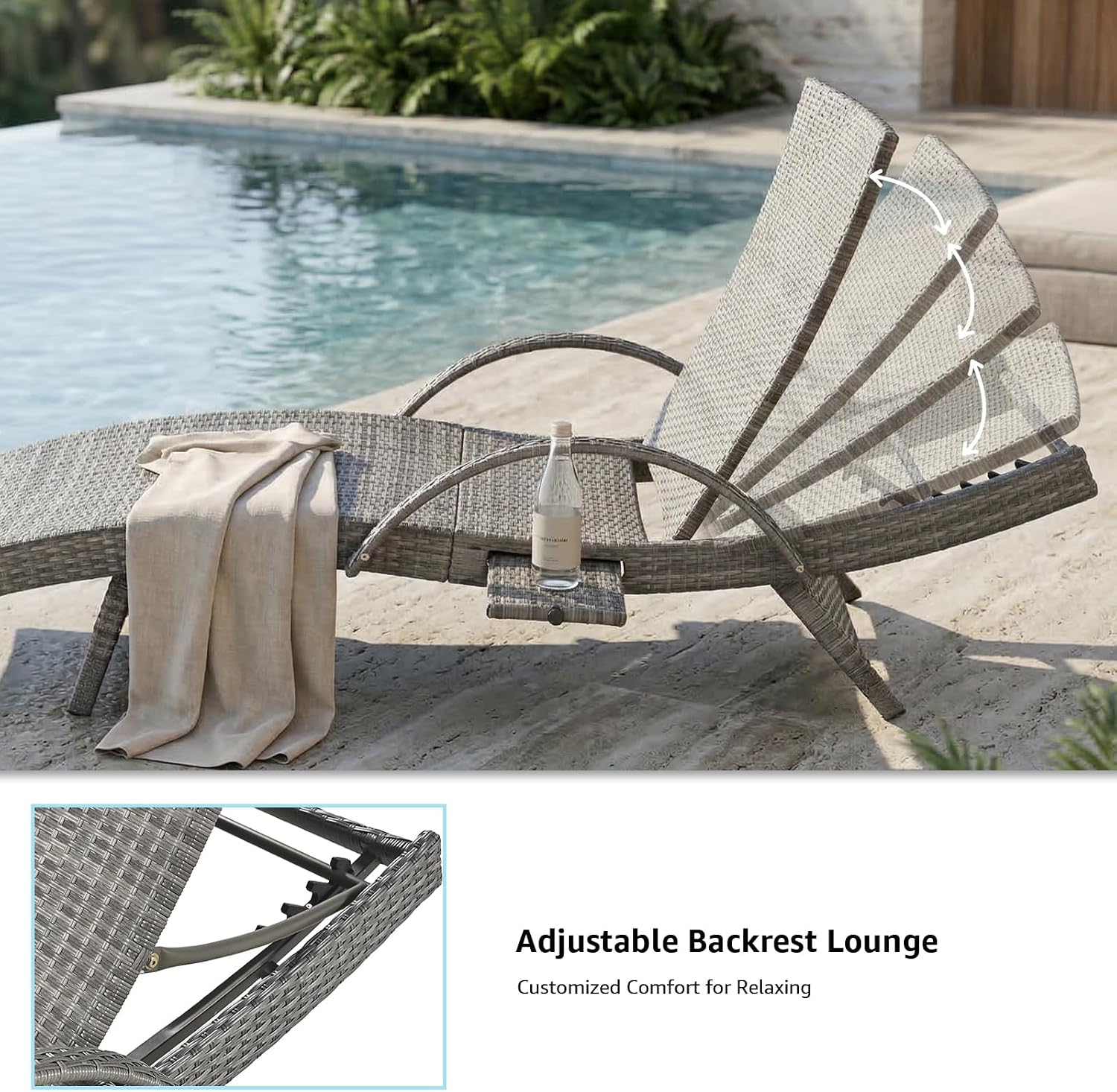 80.3" Outdoor Wicker Chaise Lounge Set of 2, with Pull-Out Side Table, Adjustable Pool Lounge Chairs, Patio Loungers for Balcony, Deck, or Backyard (Grey)