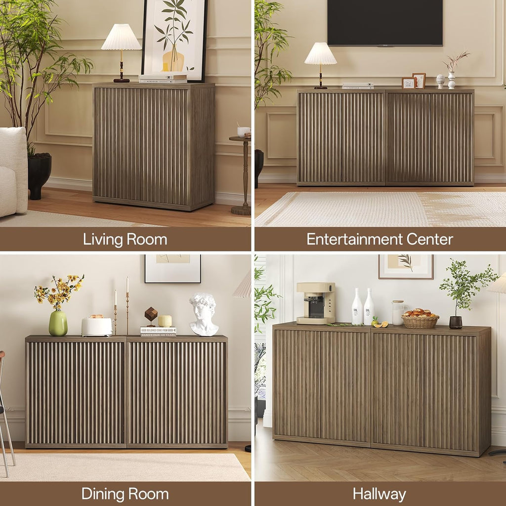 Airynee 31” Sideboard Cabinet with Storage, Fluted Accent Cabinet with Adjustable Shelves, Modern Wood Credenza Cabinets with Pop-up Doors for Entryway Kitchen Living Room Hallway, Brown 3 Pcs