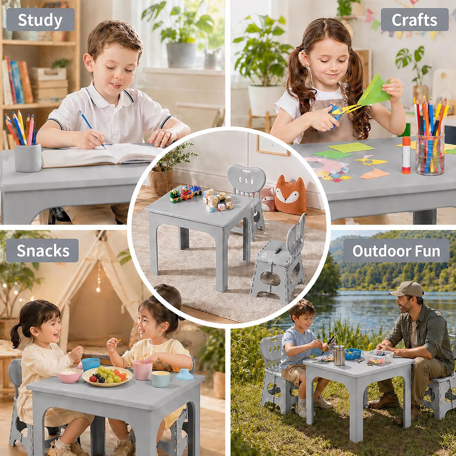 UNICOO Foldable Table and Chair Set, Height Adjustable Portable Activity Table with 2 Folding Chairs, Indoor Outdoor Kids Adults Table Set for Study, Crafts, Camping, Picnic, Snacks, Small Spaces