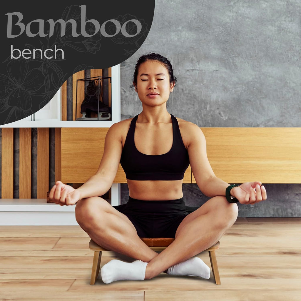 Zaveur Bamboo Meditation Bench with Cushion - Foldable Bench for Multiple Seating Angles - Kneeling Chair Meditation Stool - Yoga Chair Prayer Bench for Deeper and Longer Meditation - Brown