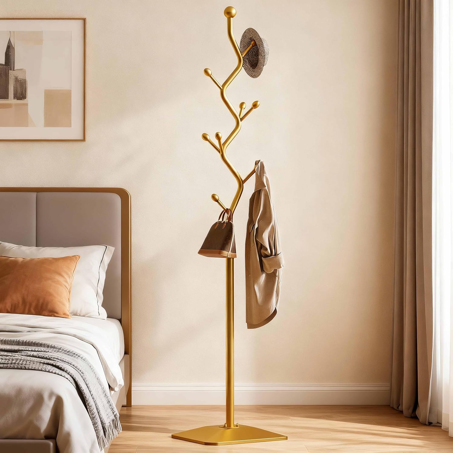 Sturdy Metal Coat rack Tree – Anti-Tip Design with 8 Hooks, Perfect for Home, Dorm, or Office Organization (gold)