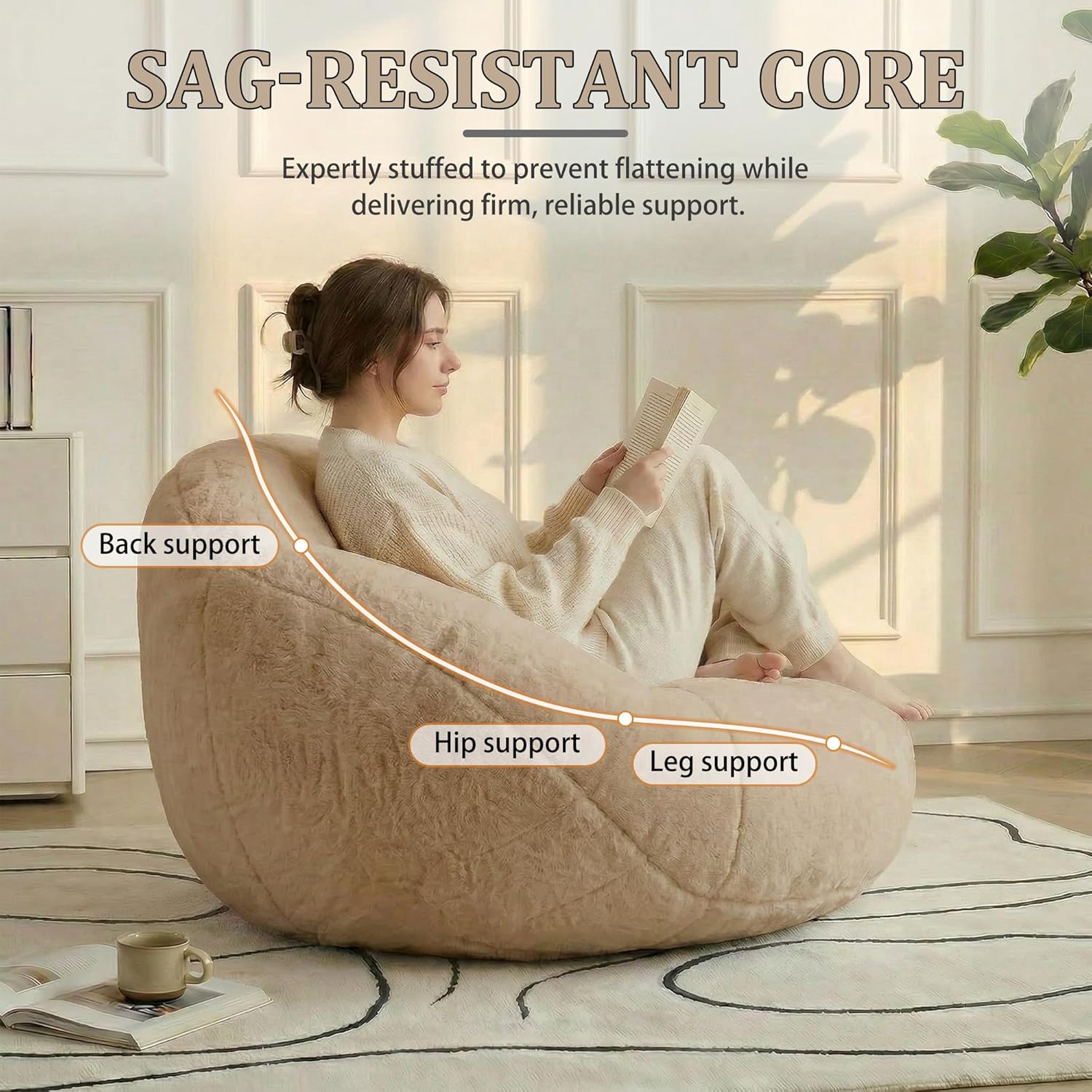 MOJAY Bean Bag Chair for Adults, Floral Shaped Bean Bags, Deep Sink-in Breathable Memory Foam Teen Bean Bag Chair, Easy to Clean Faux Fur Bean Bag Sofa, Comfy Chair for Living Room & Dorm (Camel)
