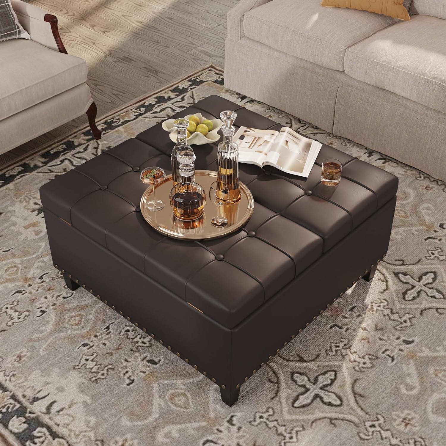 FiveWillowise 31.5 Inch Large Square Ottoman with Storage,Faux Leather | Coffee Table Storage Ottoman Bench with Lift Top Upholstered Footrest Stool Toy Box for Bedroom Living Room,Chocolate
