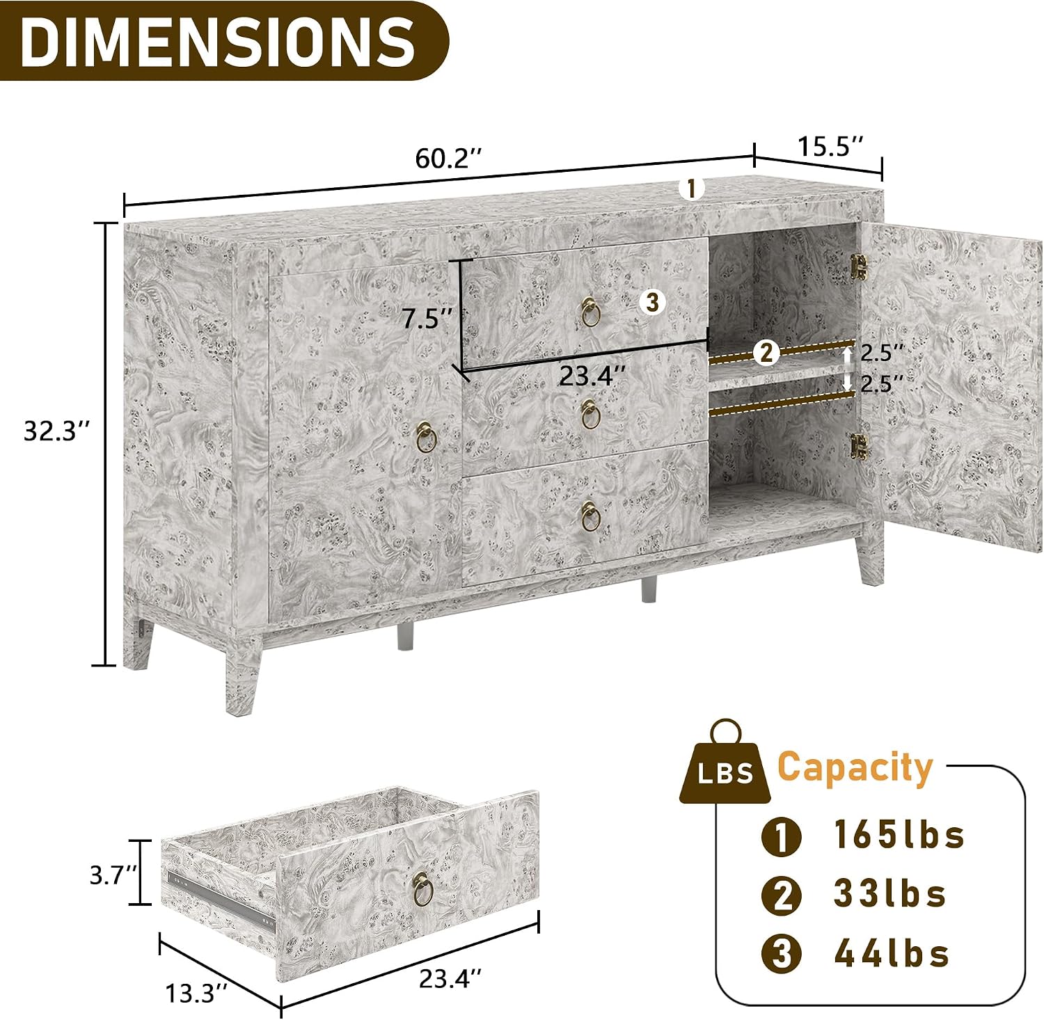 LUXOAK 60'' High Gloss Burl Wood Buffet Sideboard, Storage Cabinet with 3 Drawers & 2 Closed Cabinets, Modern Buffet Table for Dining Room,Living Room, Grey