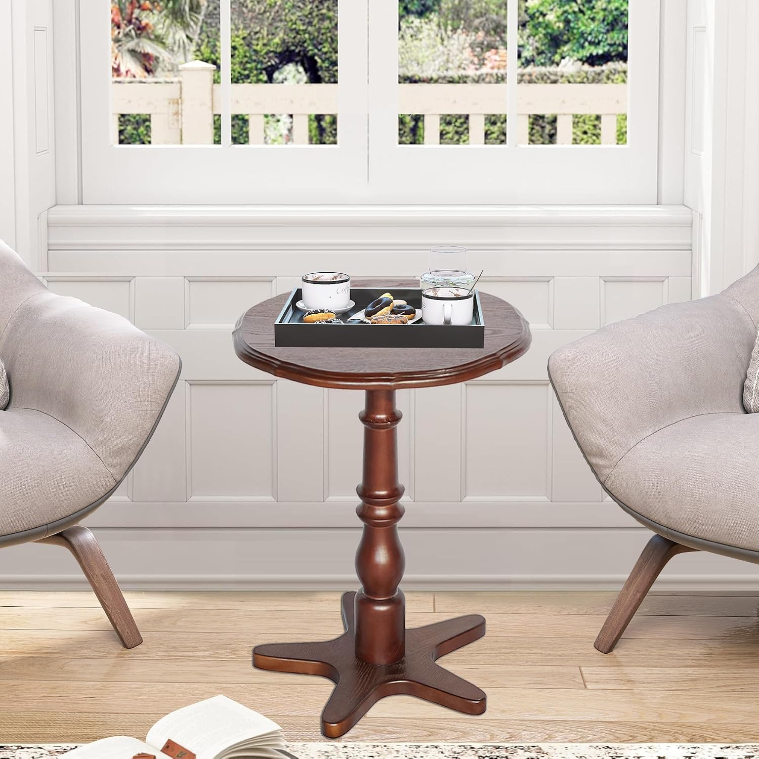 Vintage Accent Side Table, 15.75 Inch Round Wooden Pedestal Design for Living Room, Bedroom, and Entryway Use