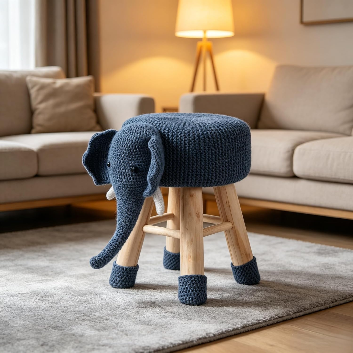 Animal Ottoman Stool, Cute Deer Design with Knit Polyester Upholstery and Solid Pine Wood Legs, 17.5in Kids Bedroom Seat (Elephant)