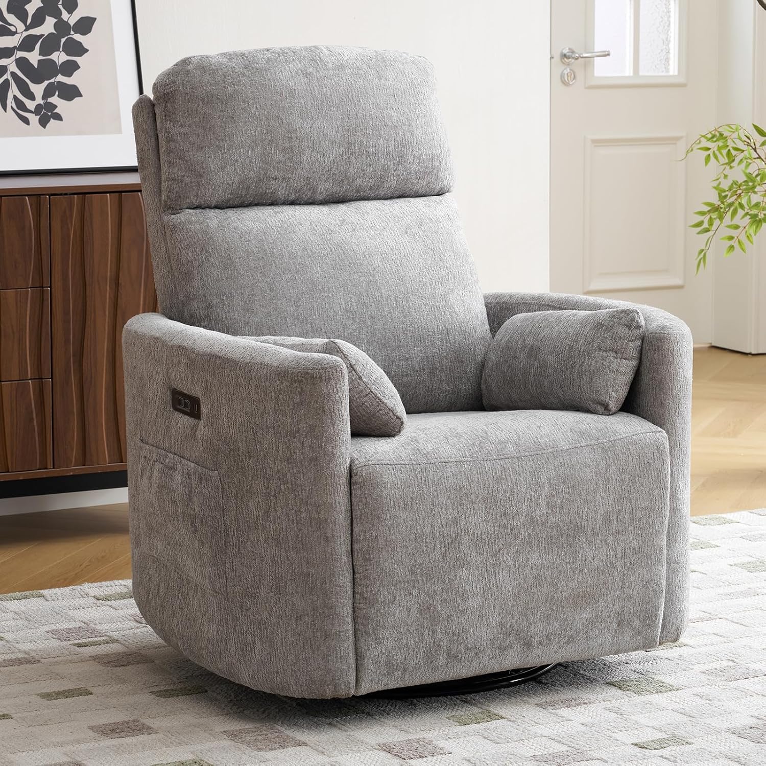 Oversized Power Recliner with Massage and Heat, Swivel Rocker Recliner with Adjustable Headrest, Glider Recliner Nursery Chair with 2 Pillows, rocking nursery recliner for Living Room,Light Grey
