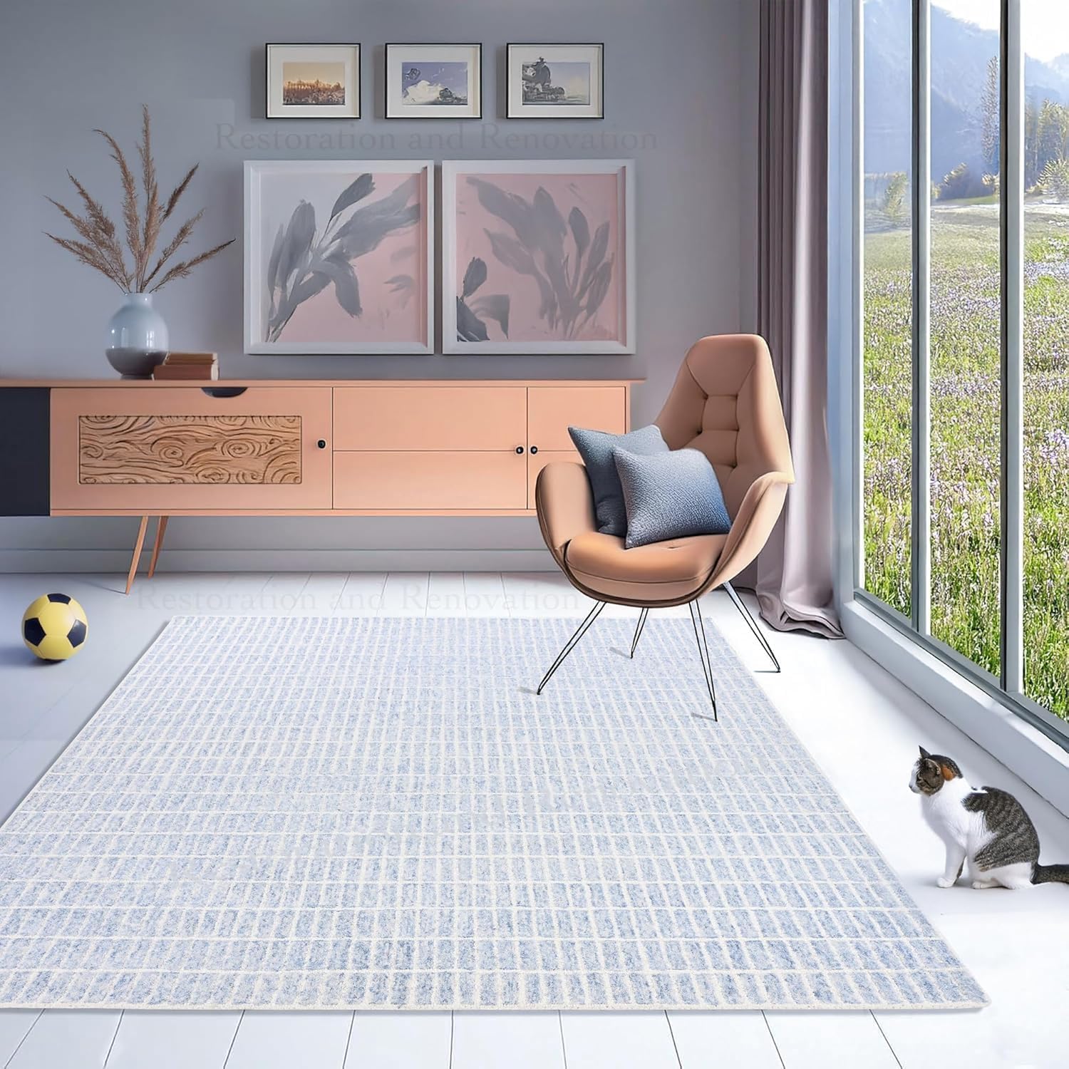 Hand-Tufted 100% Wool Area Rug – Unique Modern Geometric Grid Pattern, Soft Plush Textured Carpet for Living Room, Bedroom, Dining Room & Entryway (Blue,Ivory, 8' x 10')