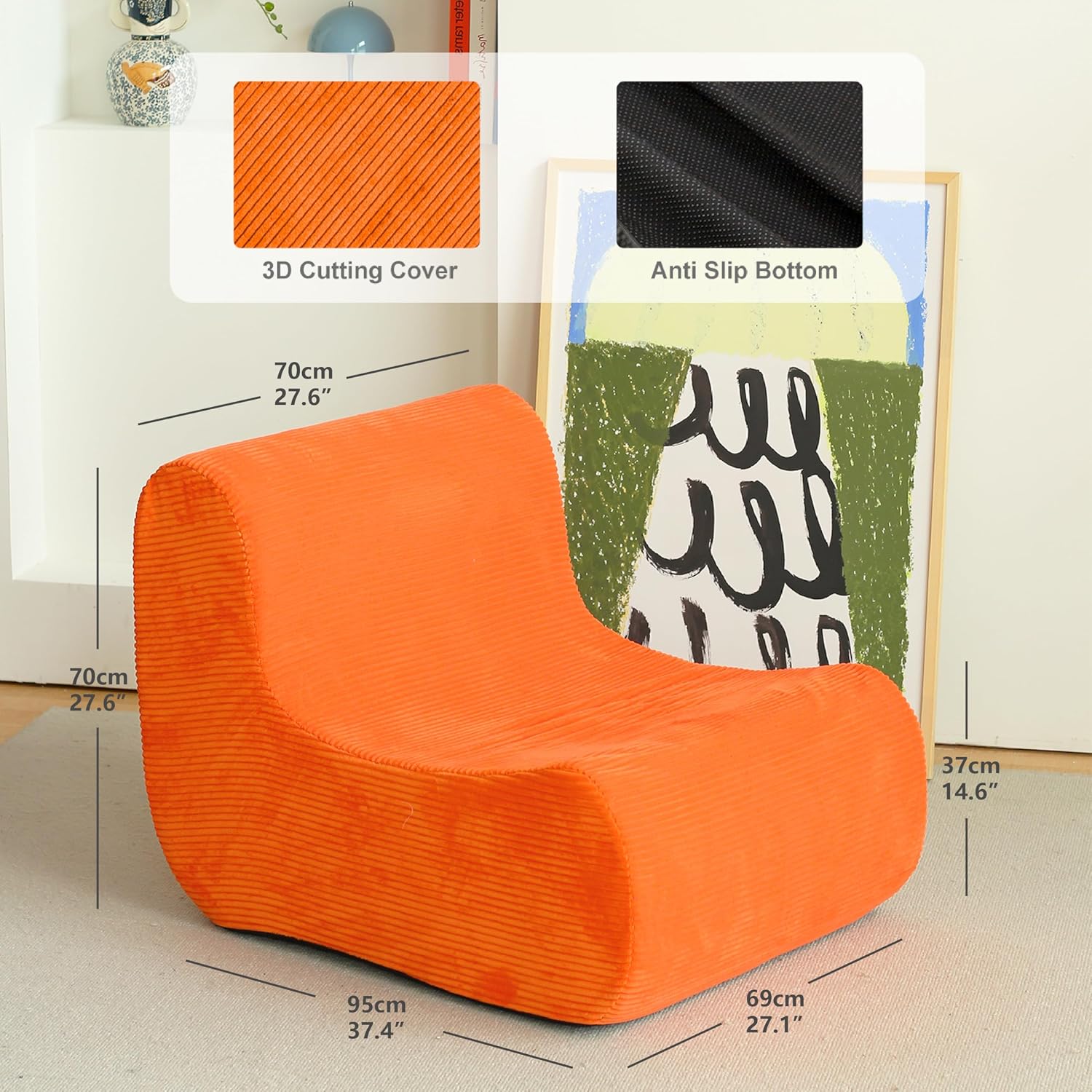 N&V Single Seated Foam Sofa, Armless Floor Sofa, One Piece High Density Foam, Removable and Machine Washable Cover, Orange
