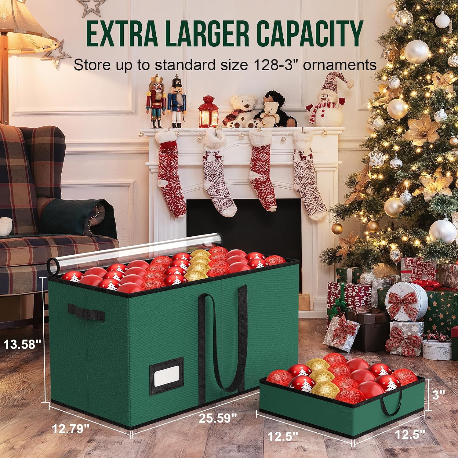 Christmas Ornament Storage Box Store 128-3" Ornaments, Ornament Organizer Storage box with Dual Zipper Closure Visual Cover & Adjustable Dividers, Holiday Decorations Storage Container with 8 Trays