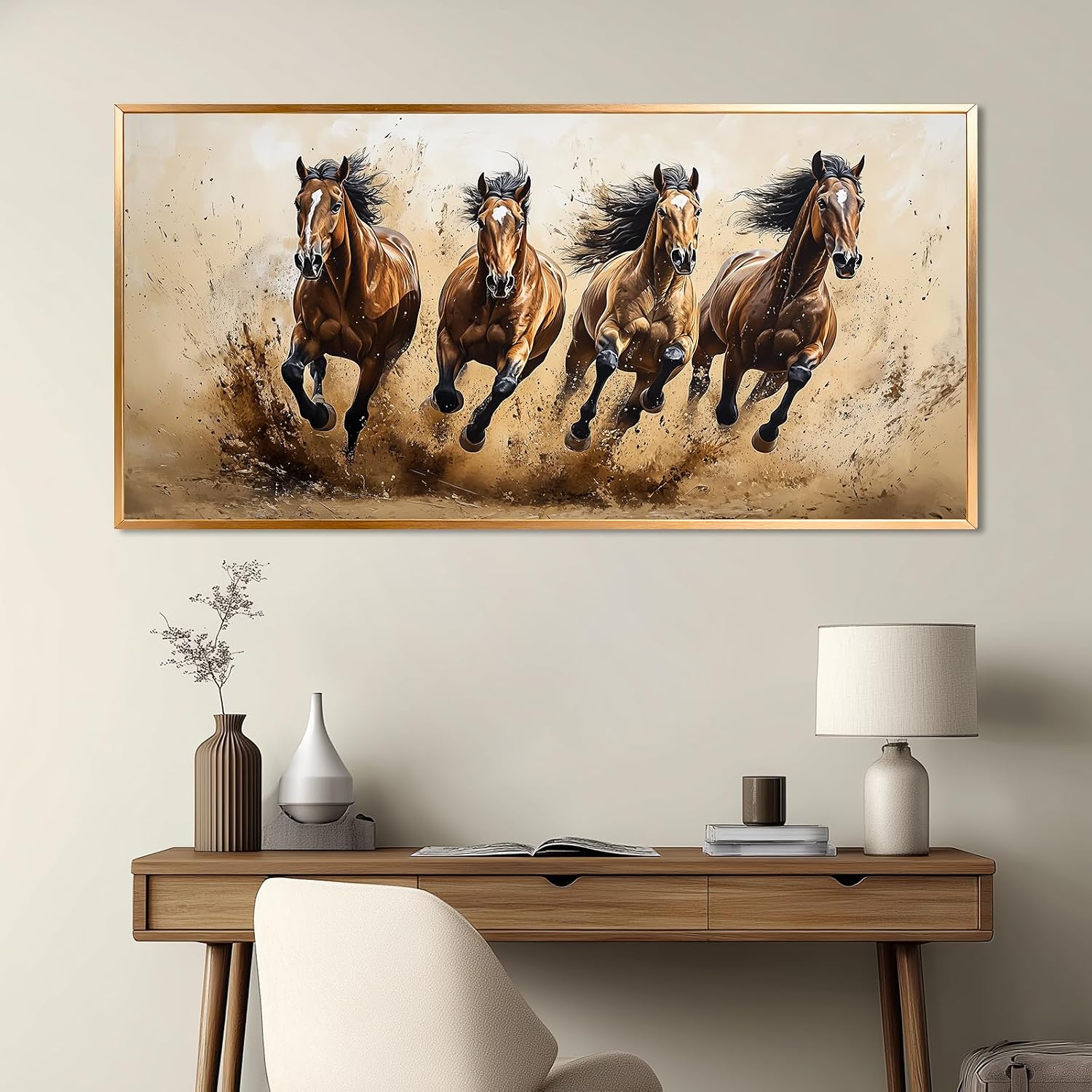Azatyam Running Horse Wall Art Wild Horses Western Canvas Prints Brown Galloping Stallion Animal Picture Large Nature Artwork for Living Room Bedroom Office Home Decor Aluminum Alloy Frame 28" x 58"