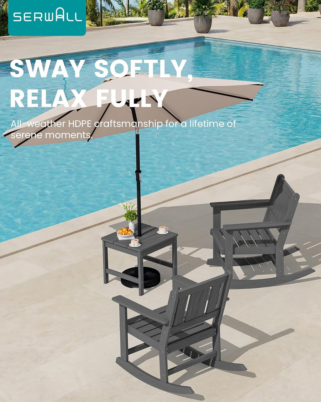 SERWALL Outdoor Rocking Chair Set of 2 with Side Table, All-Weather HDPE 3 Piece Patio Furniture Set, Outdoor Bistro Set with Pre-Drilled Hole for Porch Deck Lawn Balcony, Grey