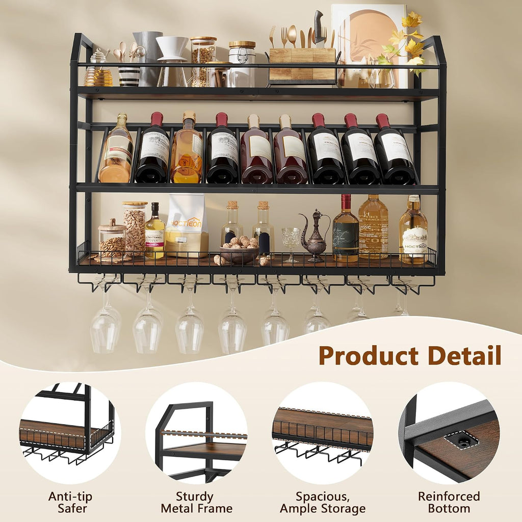 Hoctieon Wall Mounted Wine Rack, 31.5" Wall Wine Rack for Display and Storage, Hanging Bottle Holder, for Living Room, Dining Room, Bar, Wine Cellar, Rustic Brown
