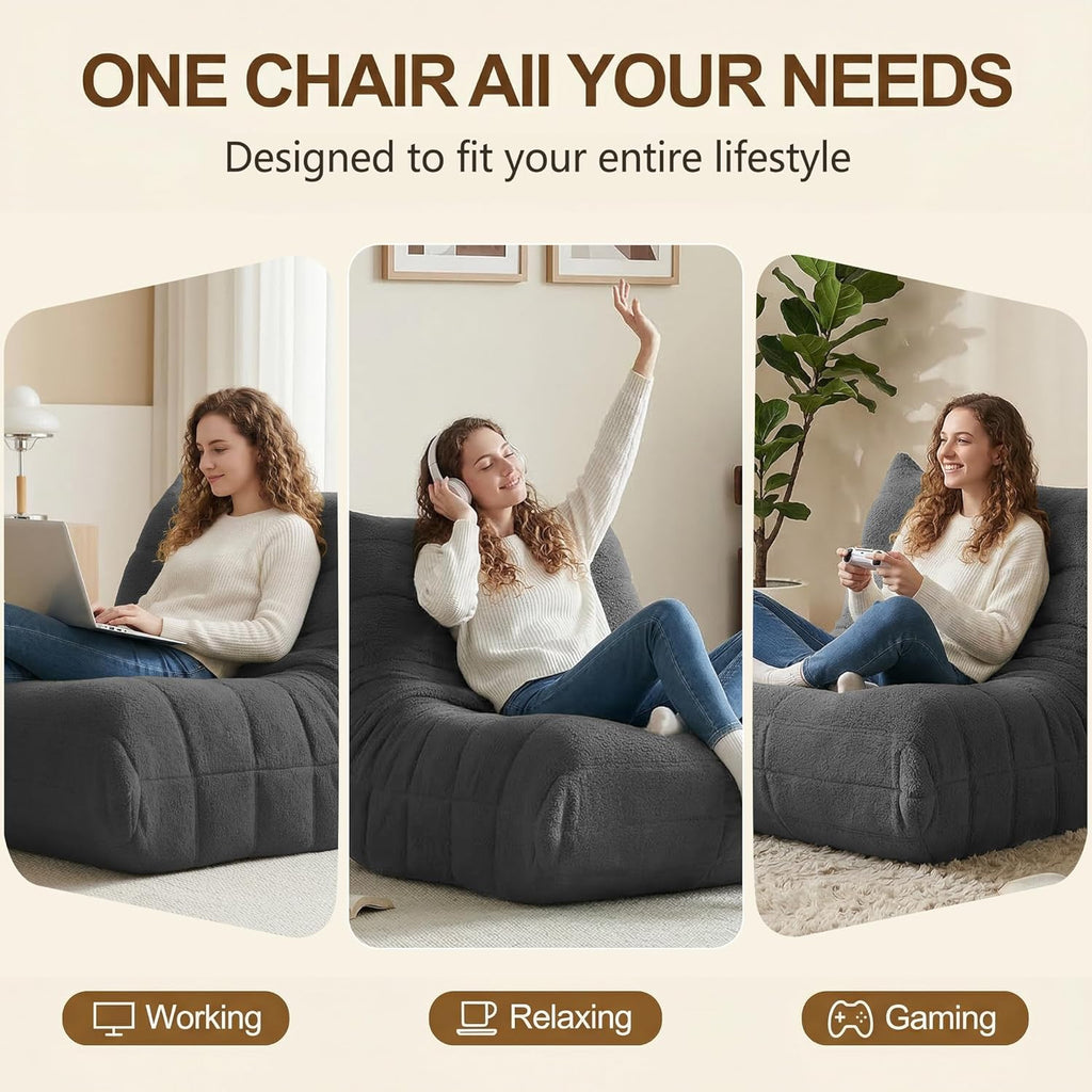Gazecaia Comfy Bean Bag Chair for Adults Teens | Fireside Floor Lounge Chair,Soft Teddy High-Resilience Memory Foam Bean Bag Couch with Non-Slip Base,for Living Room Bedroom Apartment Office,Dark Gray
