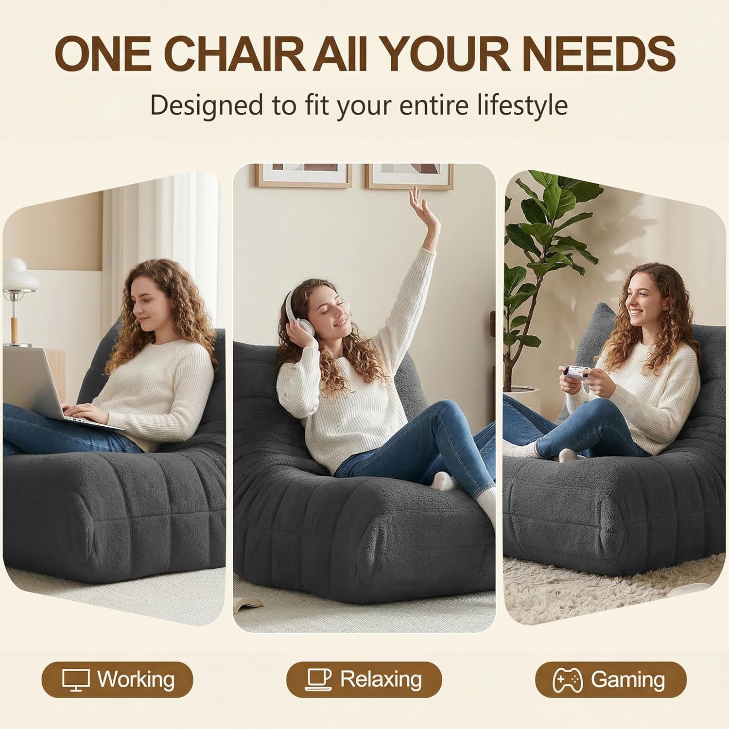 Gazecaia Comfy Bean Bag Chair for Adults Teens | Fireside Floor Lounge Chair,Soft Teddy High-Resilience Memory Foam Bean Bag Couch with Non-Slip Base,for Living Room Bedroom Apartment Office,Dark Gray