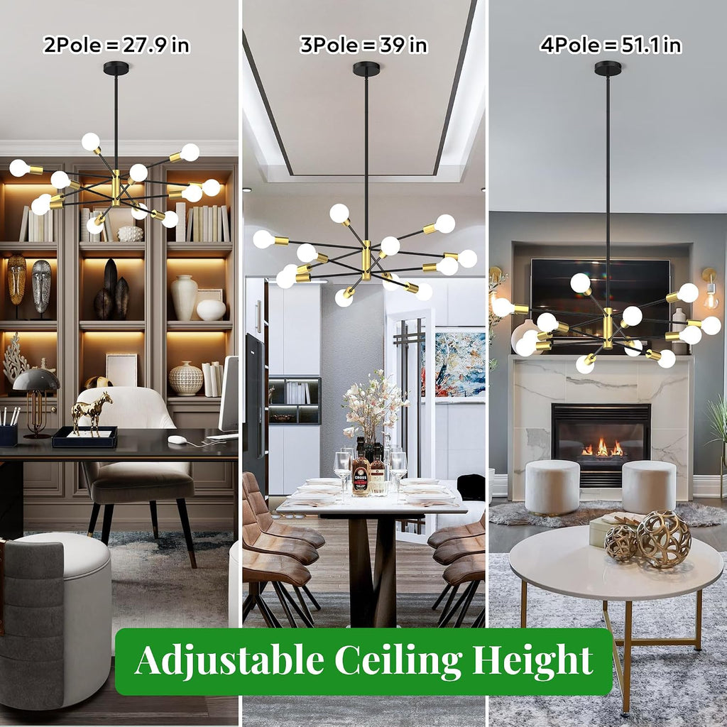 Sputnik Chandelier 12-Light, Mid Century Modern Height Adjustable Ceiling Light Fixture for Dining Room, Kitchen Island, Living Room,Bedroom-Black and Gold