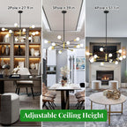Sputnik Chandelier 12-Light, Mid Century Modern Height Adjustable Ceiling Light Fixture for Dining Room, Kitchen Island, Living Room,Bedroom-Black and Gold