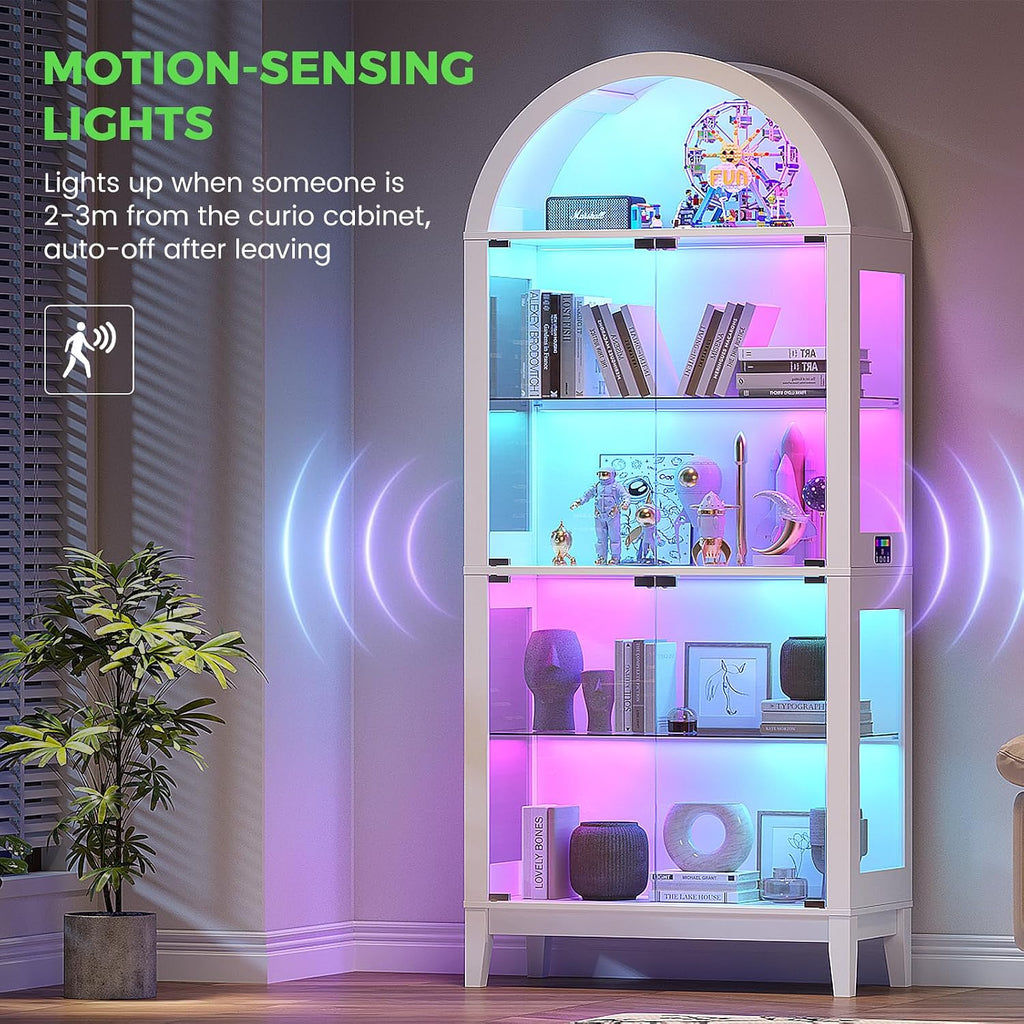 HNEBC Arched Display Case with RGB Lights, 69" Tall 5-Tier Tempered Glass Display Cabinet with Doors, LED Curio Cabinet with Shelf, Bookcase with Music-Synced Lighting for Living Room(White)