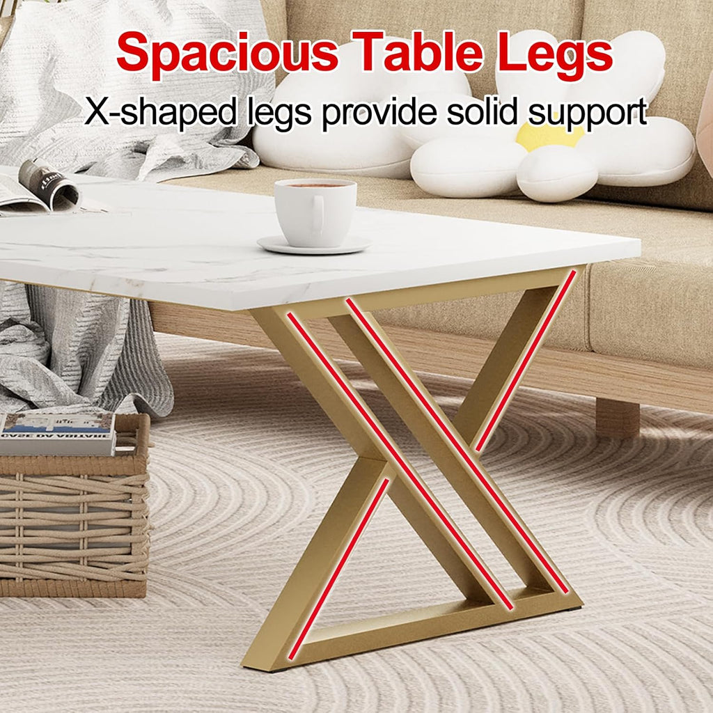 Wolawu Coffee Table Living Room Table White Center Table, Simple Modern Faux Marble Rectangular Tea Tables with Sturdy Gold Metal Frame,Industrial Wooden Coffee Table for Bedroom Home Office
