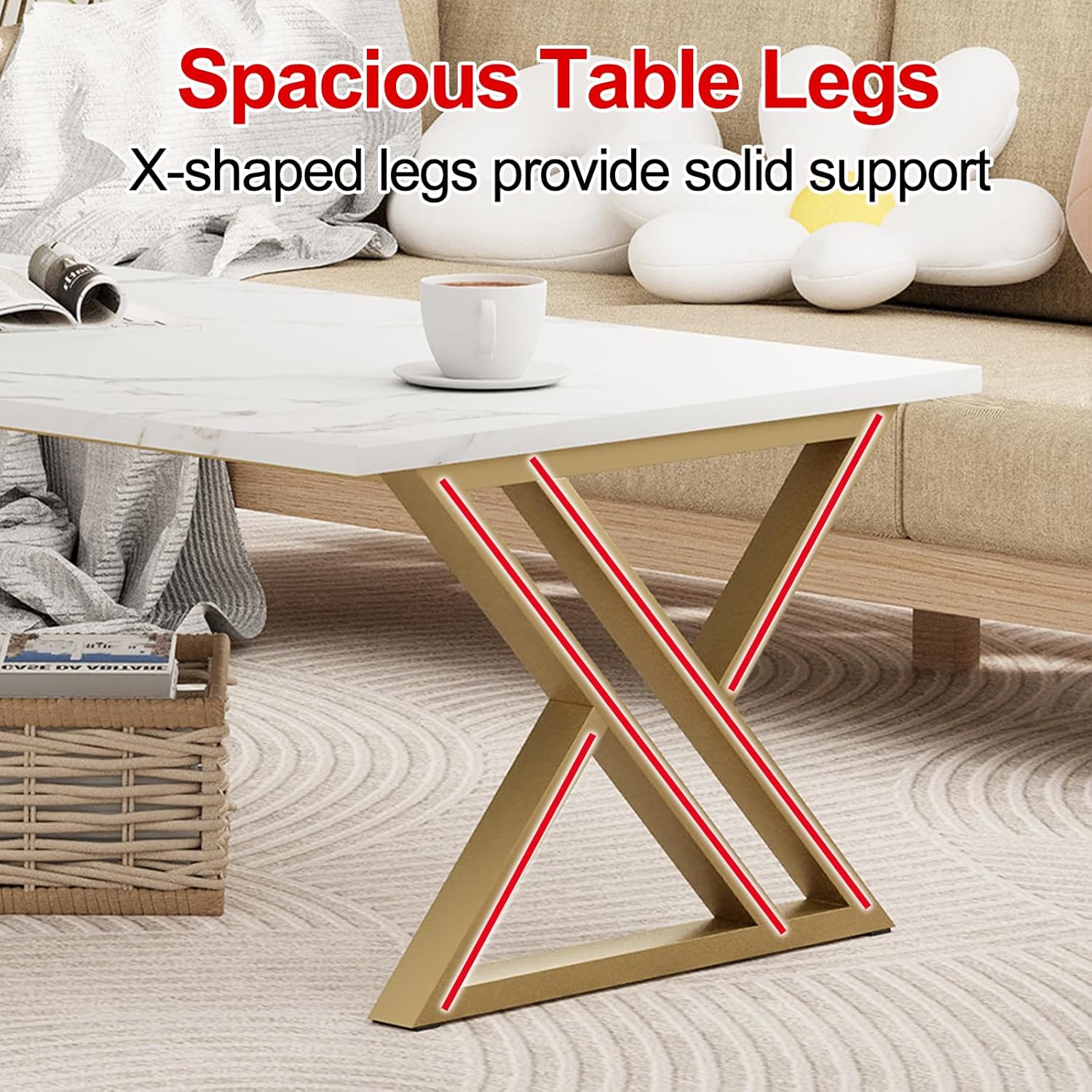 Wolawu Coffee Table Living Room Table White Center Table, Simple Modern Faux Marble Rectangular Tea Tables with Sturdy Gold Metal Frame,Industrial Wooden Coffee Table for Bedroom Home Office