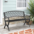 Outdoor Bench Garden Benchs, Weatherproof Anti-Rust Heavy-Duty Outside Bench Clearance, Wrought Iron Metal Bench for Front Porch, Patio, Park, Ergonomic Backrest, Slatted Seat