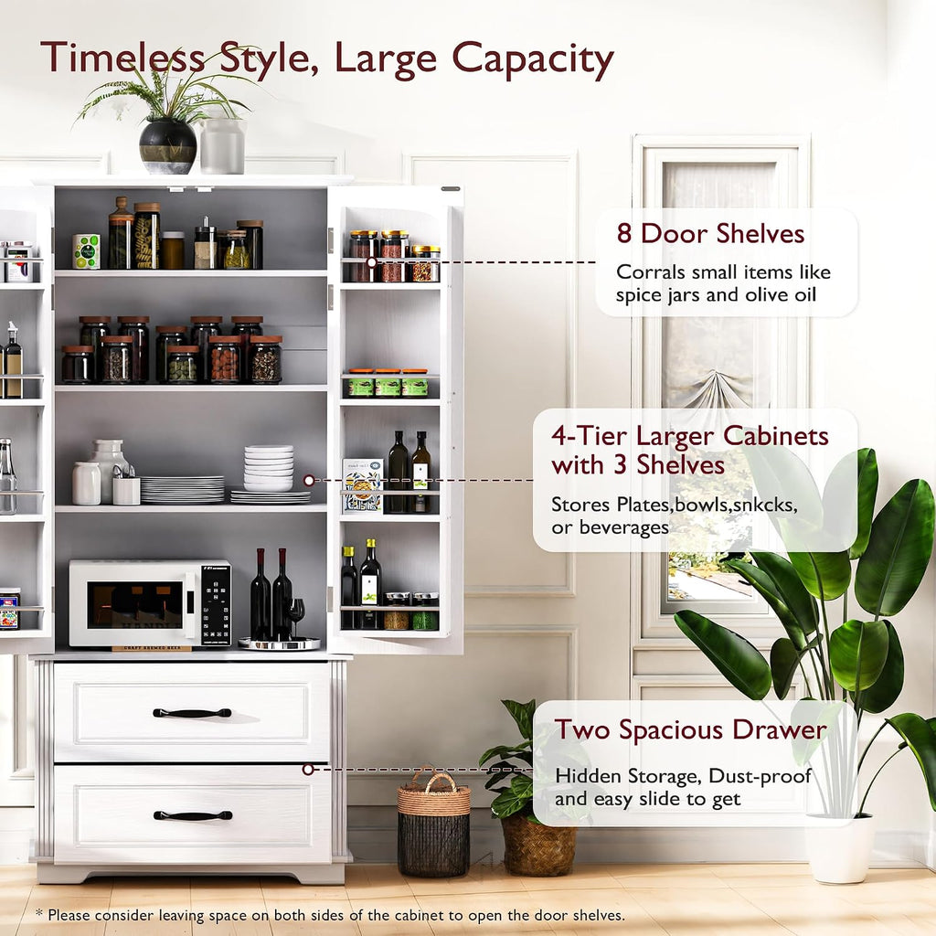 Farmhouse Kitchen Pantry Cabinet 71-Inch Tall Freestanding Pantry Storage Cabinet Cupboard with Adjustable Shelves for Kitchen Laundry Living Dining Room, White