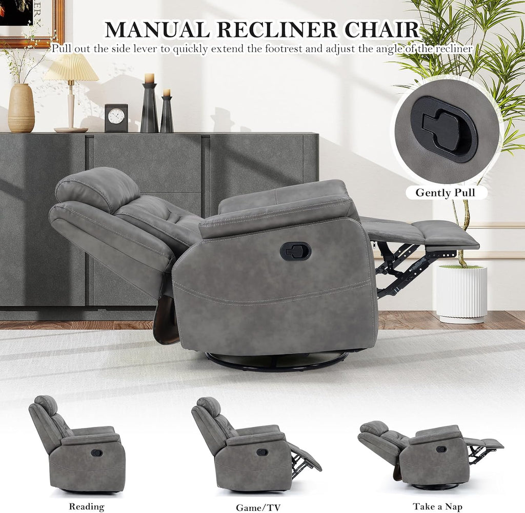Bonzy Home 360° Swivel Rocker Recliner Chair for Adults, Manual Faux Leather Reclining Chair with Ergonomic Backrest, Glider Rocking Nursery Single Sofa for Living Room, Bedroom, Grey