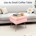 Vanity Stool Chair with Storage, Faux Fur Soft Padded Ottoman with Coffee Table, Modern Vanity Chair Fluffy Footstool with Metal Legs for Makeup, Living Room,Bedroom Pink